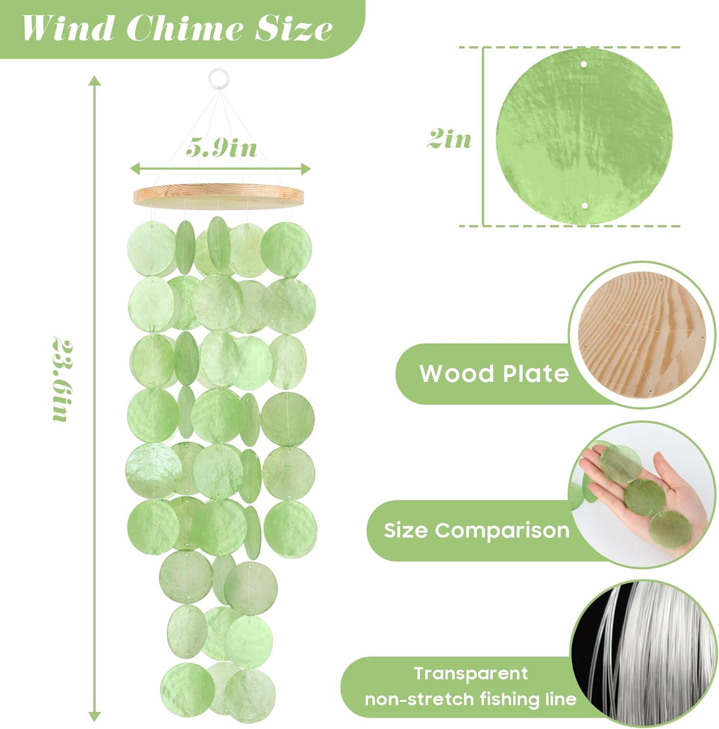 Sinkoo Wind Chimes for Outside - Handcrafted Green Capiz Shells Windchime Coastal Style Decor for Indoor/Outdoors, Garden Decor, Great for Family Friend, Wind Chimes Lovers and More