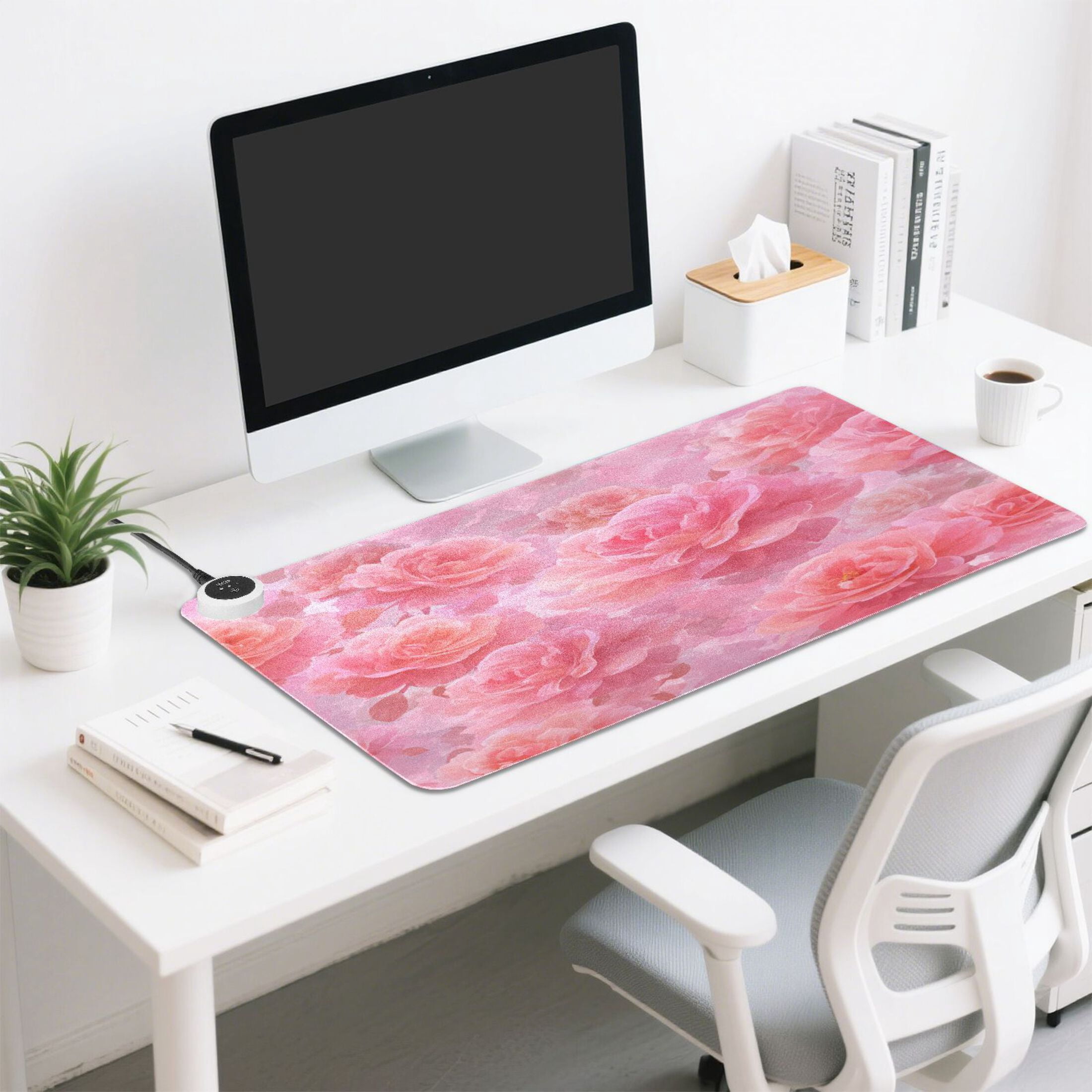 Large Heated Desk Mat Mouse Pad 31.5"x13"PU Leather Graphene Heating Desk Warmer with 3 Temperature Settings 110V US Plug Non-Slip Warm Pad for Home, Office, and Gaming Pale Pink Roses Pattern