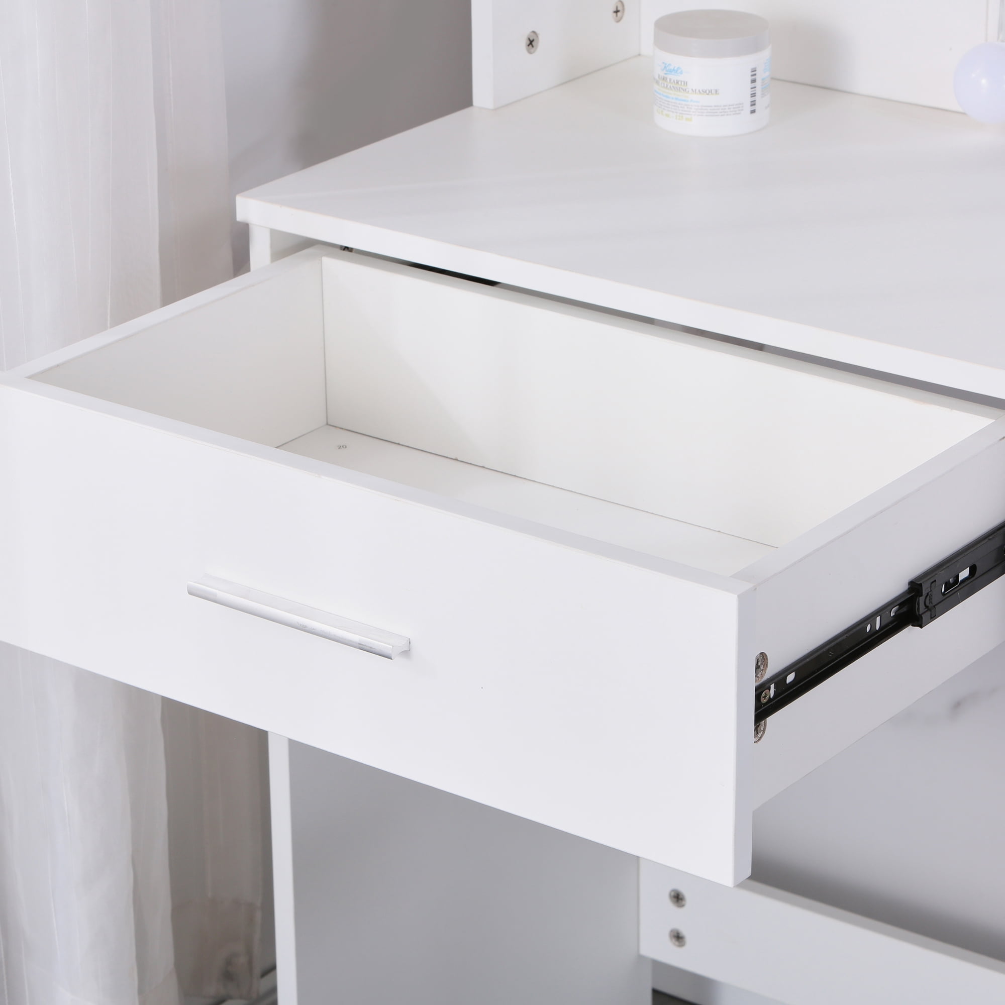 Kadyn Large Vanity Set, Vanity Table Set with 10 Light Bulbs, Makeup Vanity Desk with Cushioned Stool, 6 Storage Shelves 2 Drawers for Bedroom, White Kadyn Large Vanity Set, Vanity Table Set with 10 Light Bulbs, Makeup Vanity Desk with Cushioned Stool, 6 Storage Shelves 2 Drawers for Bedroom, White