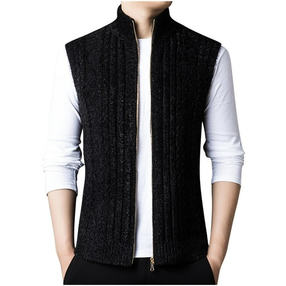 IYTR Men's Knitted Waistcoat Zipper Sleeveless Sweater Warm Winter Fleece Waistcoat Tops Outerwear Wear Black L