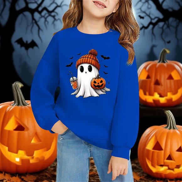 Chandail à Manches Longues à Col Rond Imprimé 2D d'Halloween Décontracté et Tendance pour Enfants Bleu