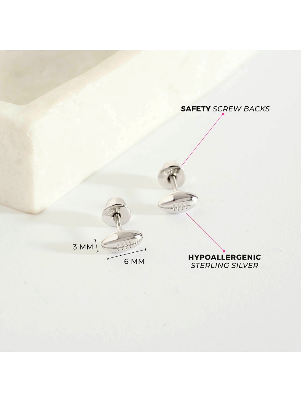 Polished Football Kids / Children's / Girl Earrings Screw Back - Sterling Silver