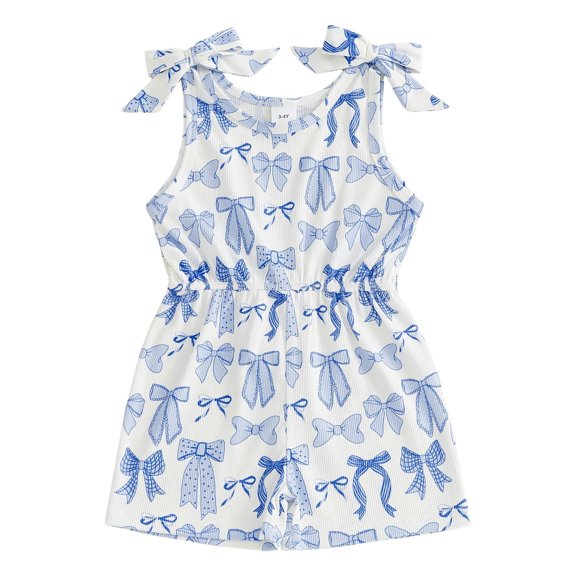 BemeyourBBs Toddler Baby Girls Summer Clothes One Piece Romper Jumpsuit Casual Bow Print Waist-cinching Crew Neck Sleeveless Short Overalls