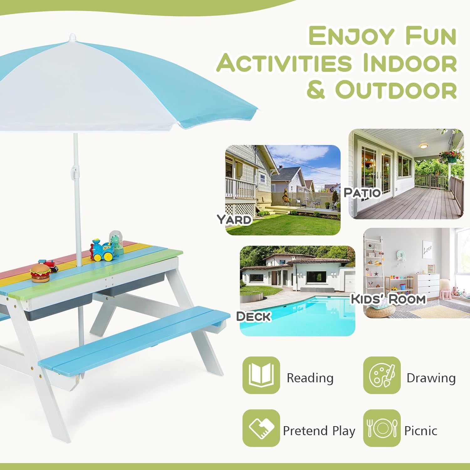 DORTALA Kids Picnic Table, 3-in-1 Water & Sand Activity Table with Height Adjustable Umbrella & Removable Tabletop, Outdoor Wooden Bench & Table Set for Toddler, for Garden, Yard & Patio, Blue