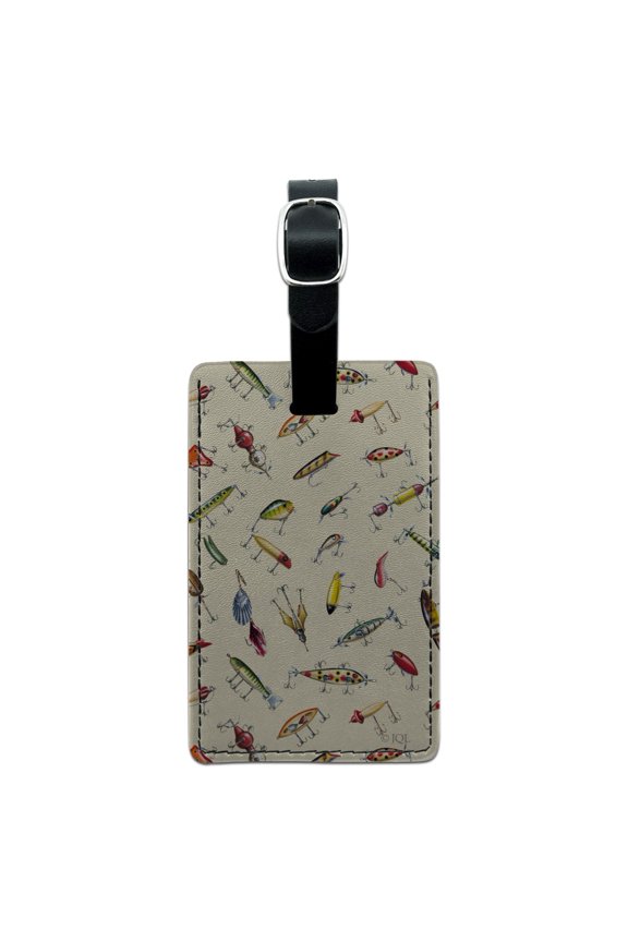 Antique Fishing Fish Lures Rectangle Leather Luggage Card Suitcase Carry-On ID Tag