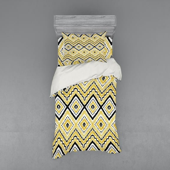Ambesonne Ethnic Bedding Set 3 Pcs, Chevron Waves Tribal, Twin, Yellow Black and White