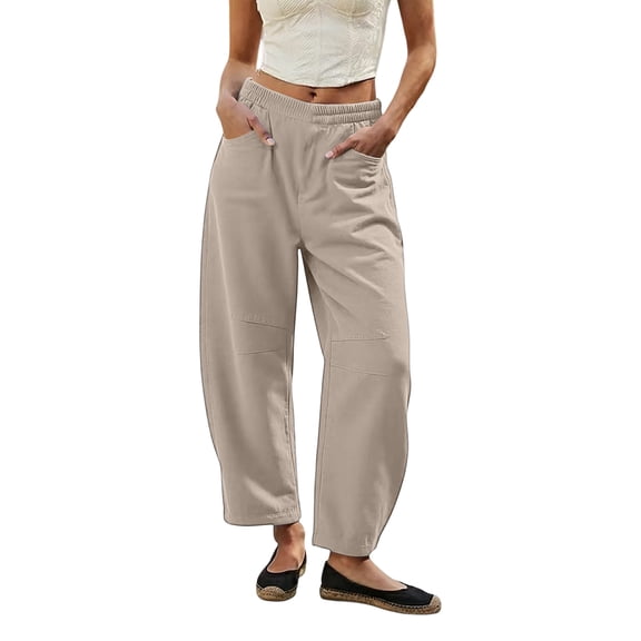LEAVINGSUO Wide Leg Pants for Women Elastic Waist Casual Cropped Trousers With Pockets LooseBeach Pants For Summer Khaki M