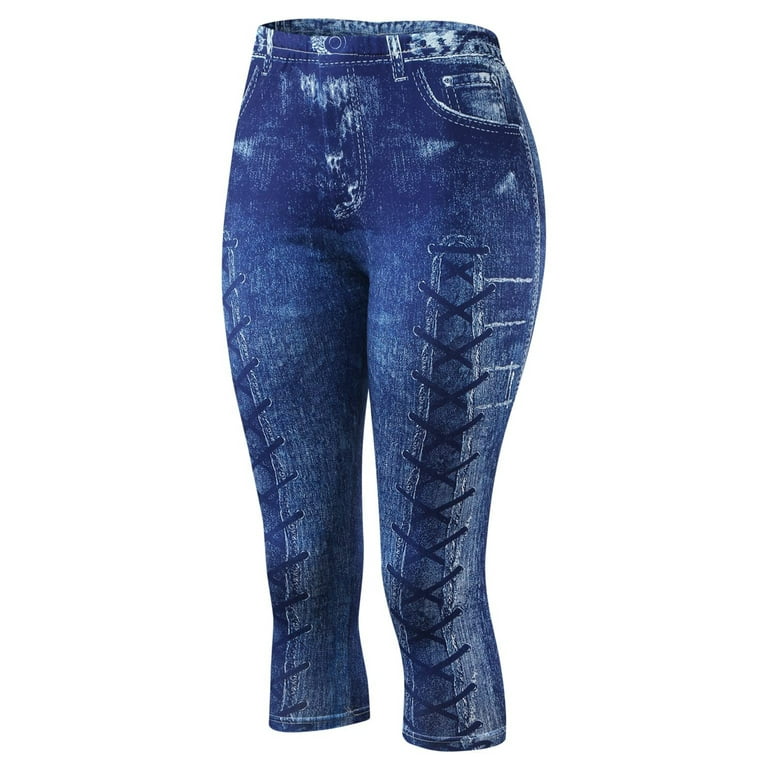 Frontwalk Capri Jeggings for Women Plus Size Leggings Capri Pants Tummy  Control Faux Denim Capris Fake Jeans High Rise Jeggings with Pockets Deep  Blue S 