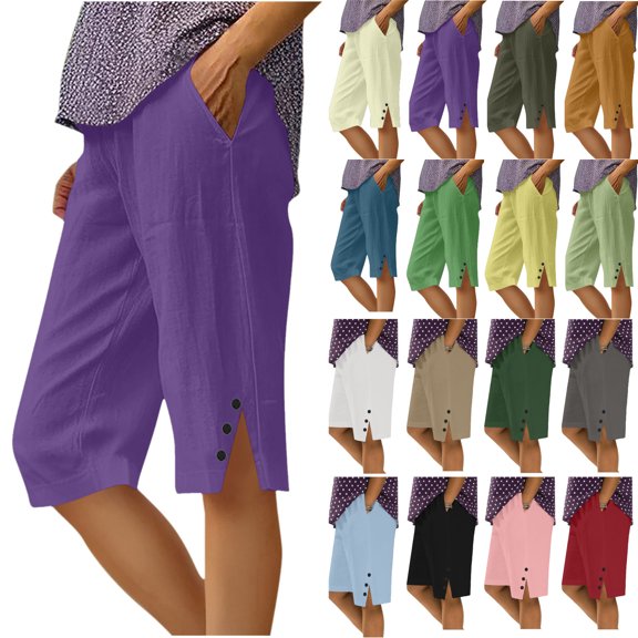 Vhkiploz Plus Size Summer Linen Board Shorts for Women's Wide Leg Beachwear Bermuda Shorts Solid Color Everyday Running Shorts with Side Pockets