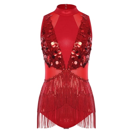SiiRoh Women Latin Jazz Dance Leotard Mock Neck Sleeveless Shiny Sequin Fringe Dancing Bodysuit Dress Red XL
