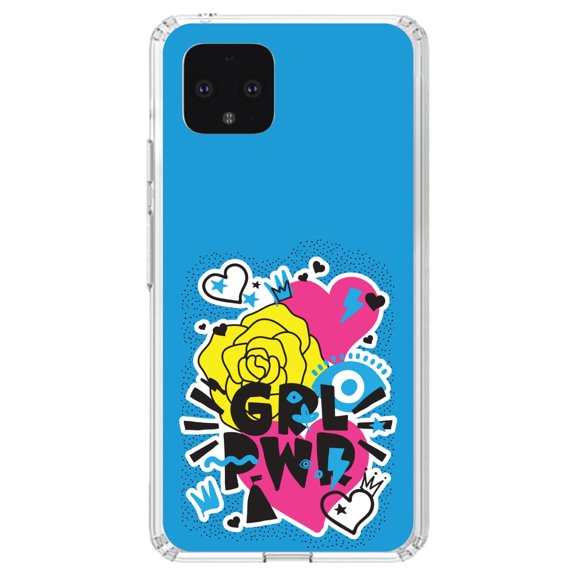 DistinctInk Clear Shockproof Hybrid Case for Google Pixel 4 (5.7" Screen) - TPU Bumper, Acrylic Back, Tempered Glass Screen Protector - Girl Power - GRL PWR - Blue, Pink, Yellow
