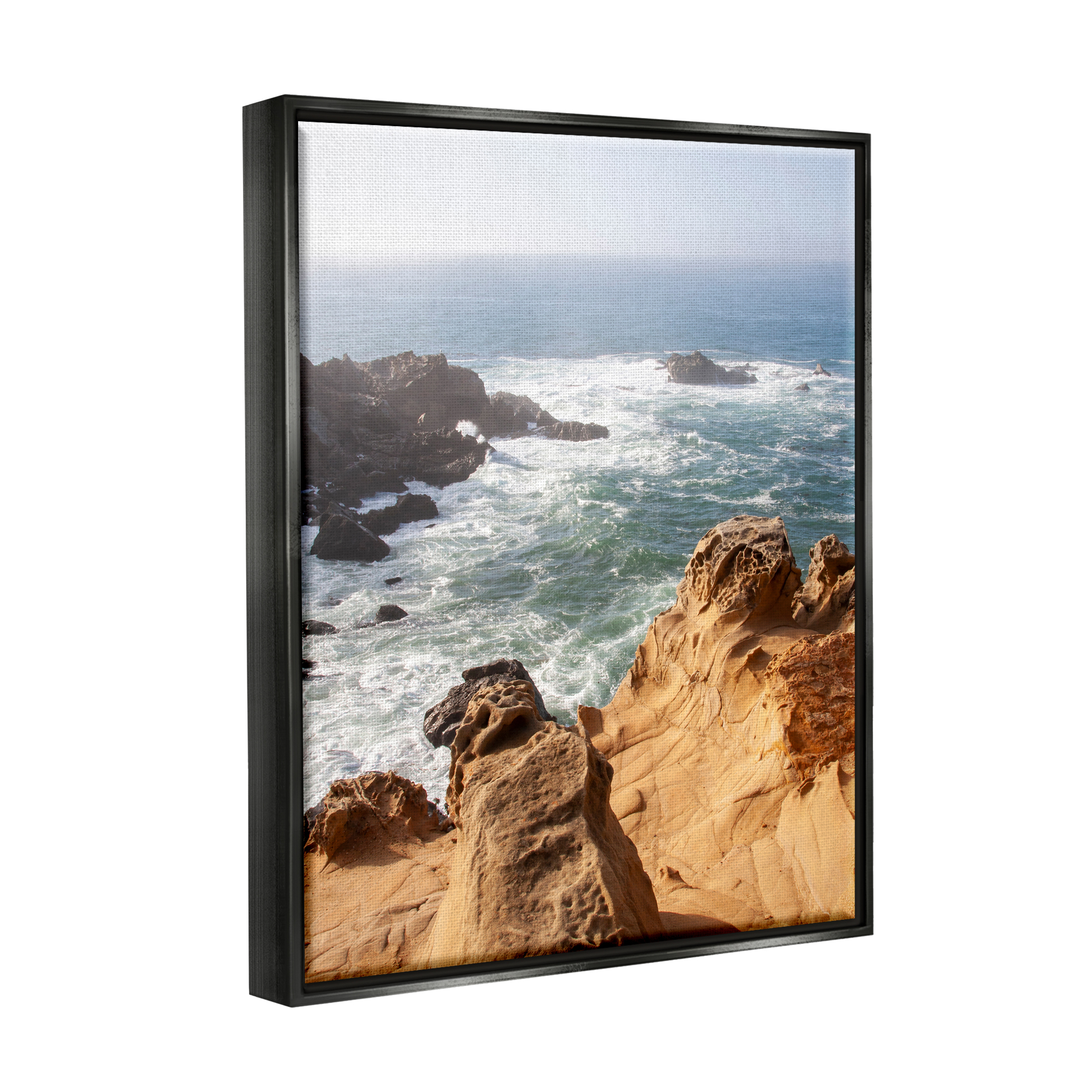 Stupell Industries Sea Cove Splashing Waves Landscape Photography Black Floater Framed Canvas Art Print Wall Art, 17 x 21
