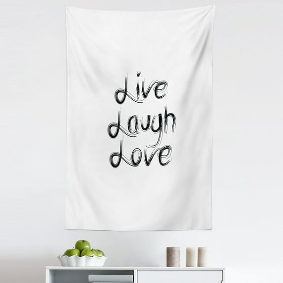 Live Laugh Love Tapestry, Abstract Hand Lettering Inspirational Words with Monochrome Design Lines, Fabric Wall Hanging Decor for Bedroom Living Room Dorm, 5 Sizes, Black White, by Ambesonne
