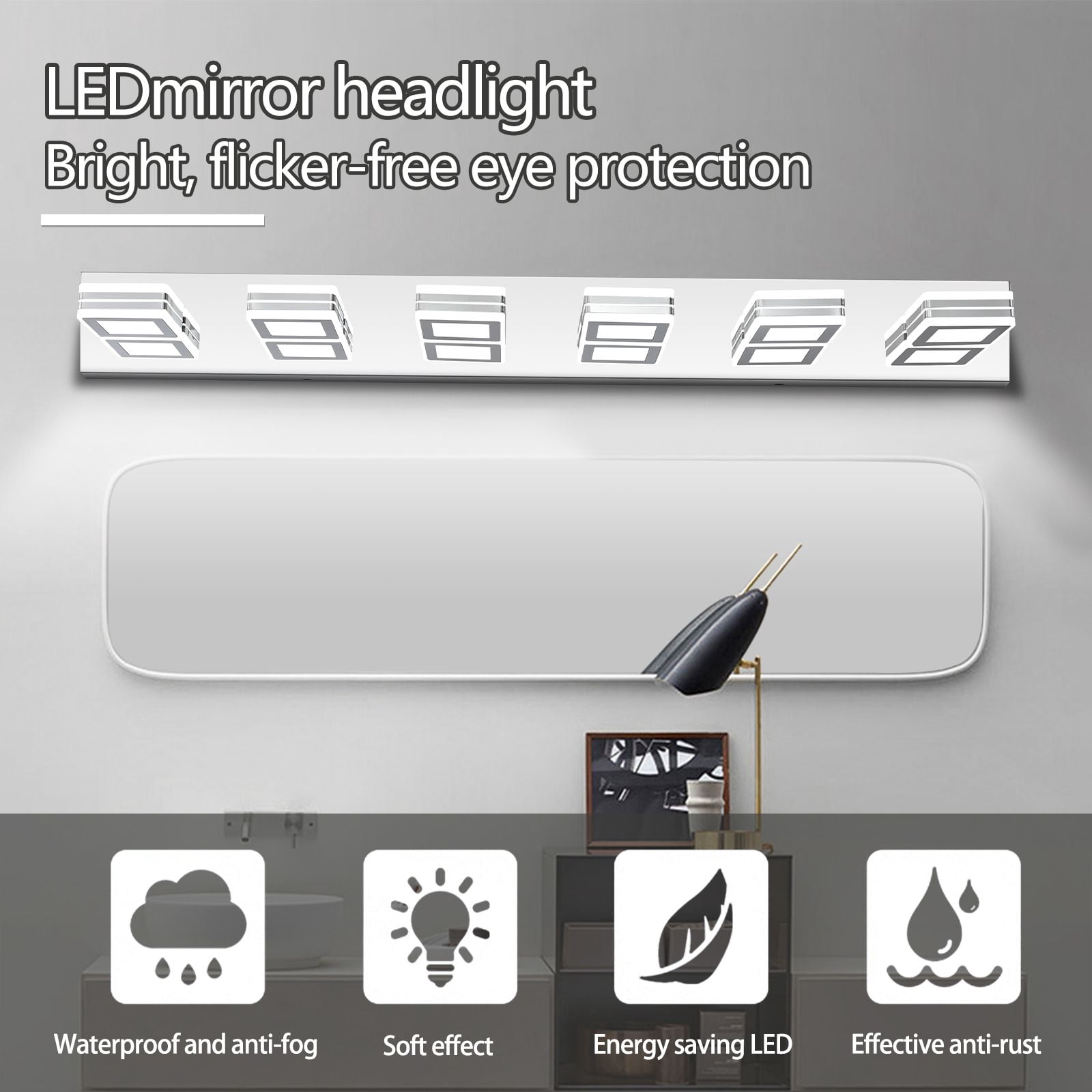 39" Modern 6-Light LED Vanity Light, Chrome Finish with Square Acrylic Shades, Adjustable Wall Sconce for Bathroom Mirror and Vanity Lighting, Hardwired