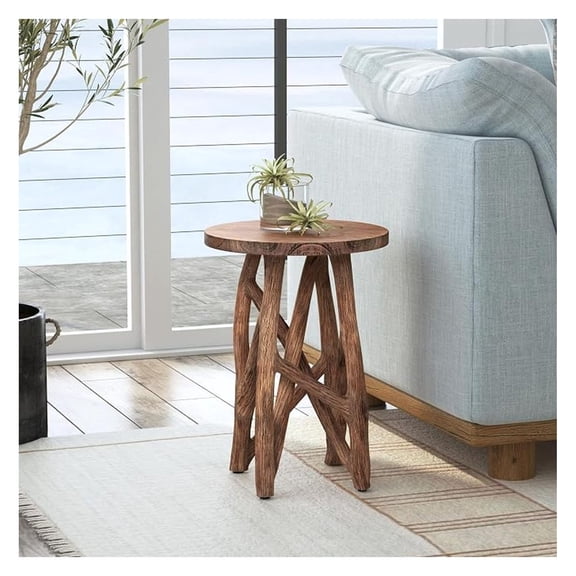 Brown Wood Side Table, Rustic Solid Wood End Table | Brown finish, stick-leg design, plant stand or accent table, handcrafted wood table for small spaces, fully assembled