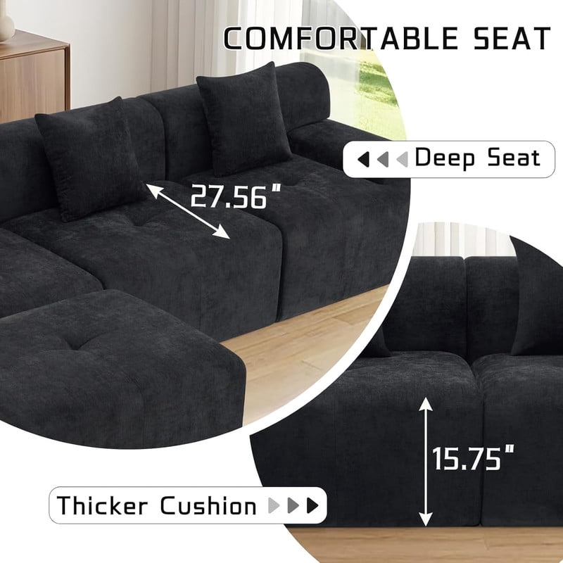 L-Shaped Modular Sectional Sofa with Ottoman, Comfy Boneless Sofa Cloud Couch with Deep Seat, Chenille Sofa Couch for Bedroom Living Room