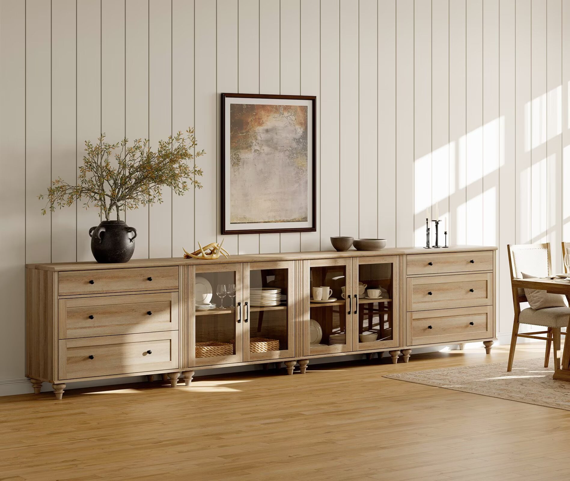 Oak Kitchen Sideboard Buffet Cabinet with Storage, 4-in-1 Glass Cabinet & Dresser Set for Dining Room, TV Console Table Entertainment Center for Living Room