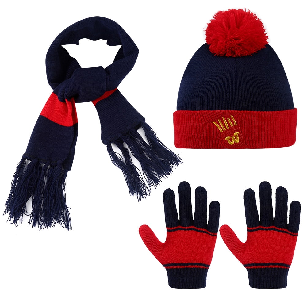 2-Pack Kids Hat + Kids Scarf + Kids Gloves Set, Winter Knitted Set Knitted Hat Scarf Gloves for Boys and Girls, Red