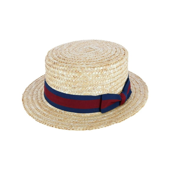 CTM Straw 2 Inch Brim Boater Hat with Navy Band and Elastic Sweatband