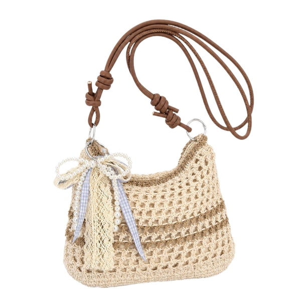 Bolso de hombro tejido para playa, elegante y moderno, con correa ajustable para el hombro, ideal para cumpleaños. Caqui beige
