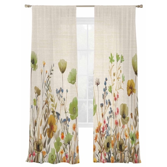 Sage Green Yellow Spring Floral Sheer Curtains 108 Inch Length 2 Panels Set, Semi Transparent Voile Rod Pocket Curtains for Living Dining Room Bedroom Drapes Watercolor Botanical Summer Flowers