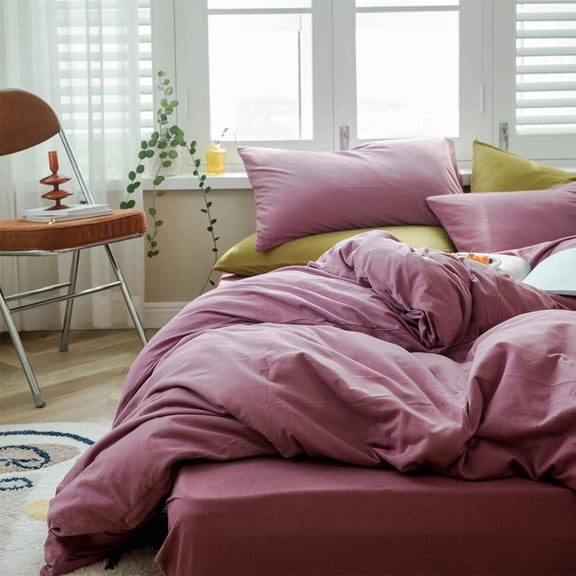 Queen Duvet Cover Set, 3-Piece Solid Pale Mauve Jersey Cotton Duvet Cover with 2 Pillowcases