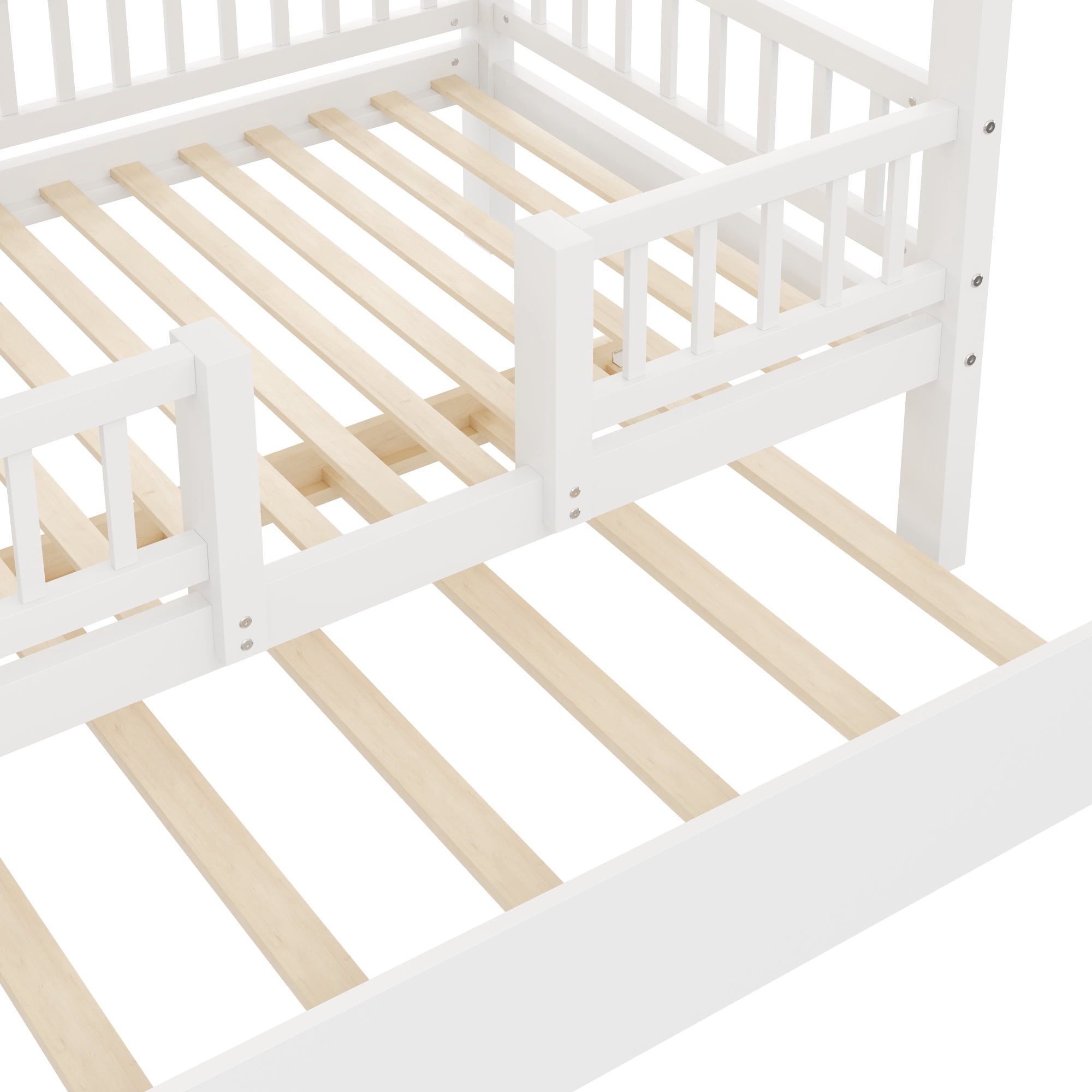 Euroco Wood Twin over Twin Bunk Bed with Trundle, 3 Beds in 1 with Storage Staircase and Slide, No Box Spring Needed, White