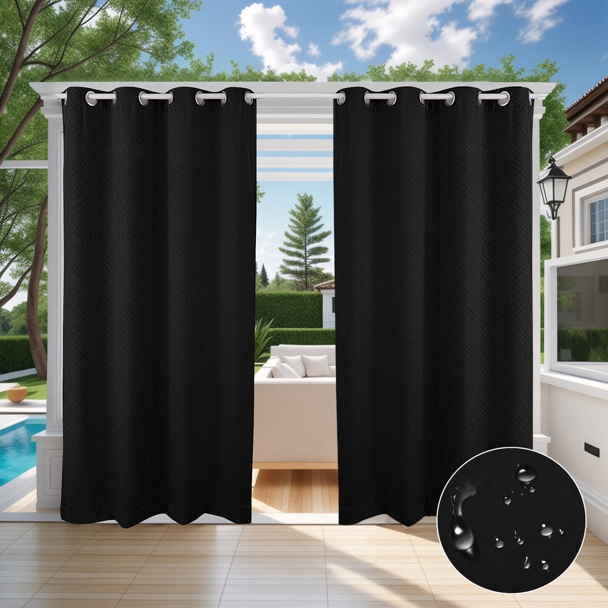 TOPCHANCES 2 Panels Outdoor Curtains for Patio, Waterproof Blackout Outside Curtains with Grommet Top and Tab Bottom, Windproof UV Resistant Drapes for Porch, Pergola, 52 x 84 inch, Black #2
