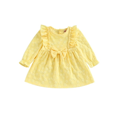 

Carolilly Baby Girl Summer Dress Long Sleeve Dress Crew Neck Flower Bow A-line Dress for Casual Daily