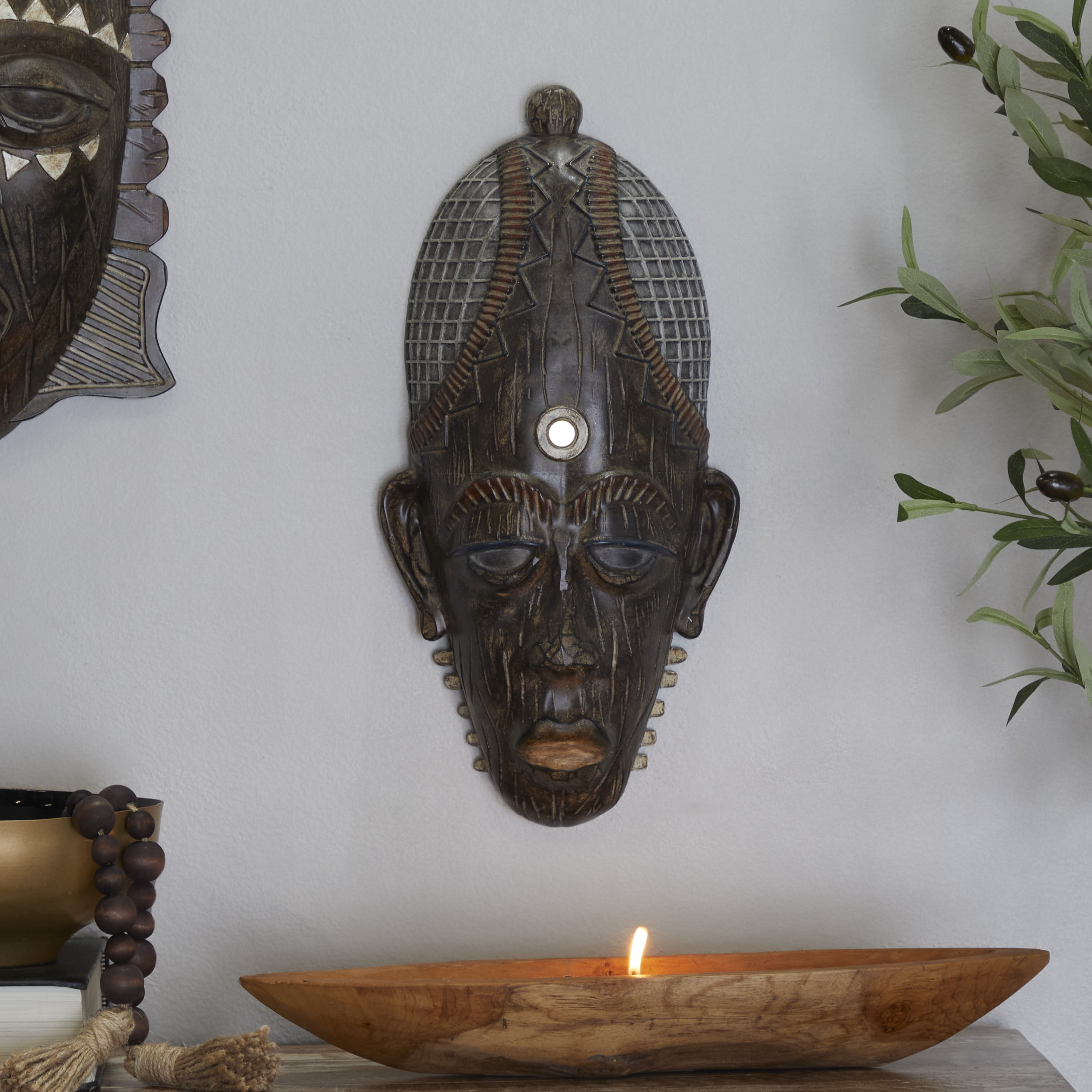 DecMode Brown Polystone Mask African Tribal Home Wall Decor with Rust and Navy Carvings, 8" x 4" x 18"