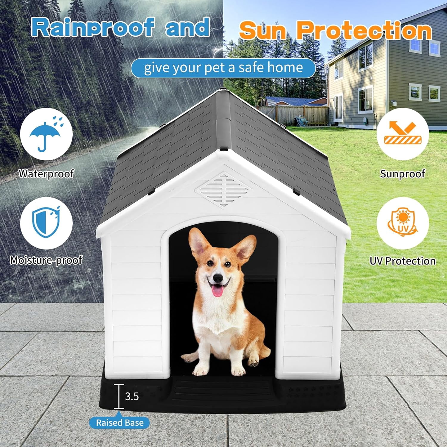 Dkelincs 28 inch Durable Plastic Dog House Indoor Outdoor Weatherproof Pet House with Air Vents and Elevated Floor, Gray