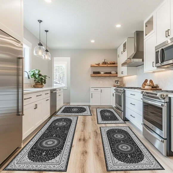 Kingfansion Flash Deals of the Day: Kitchen Mat 4Pcs Large Bohemian Mats, Non-Slip Rugs Machine Washable Absorbent Microfiber Plush Boho Rugs, For Kitchen Floor Office Sink Laundry, Gray