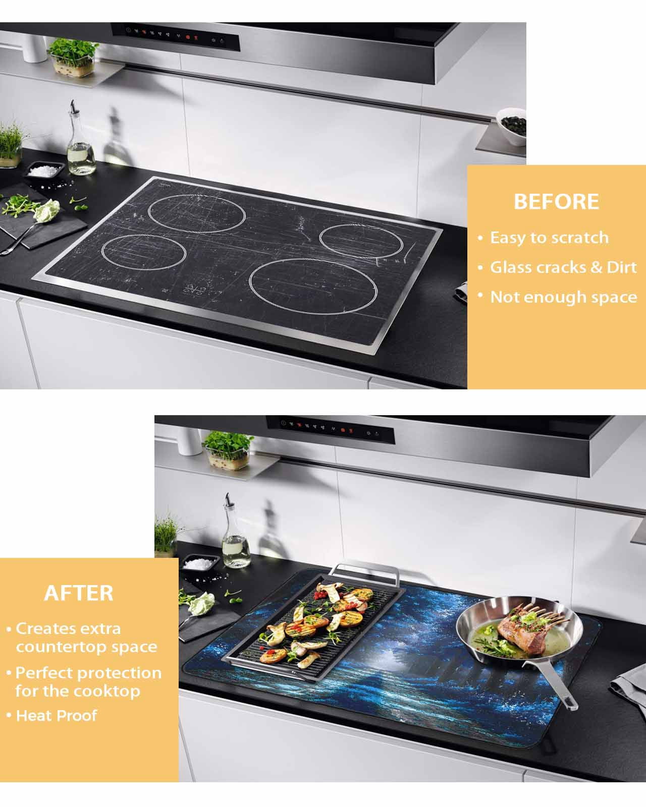 nqOlkjepod Large Induction Cooktop Protector Mat 36"x21", Blue Trees Stove Top Covers for Electric Stove, Forest Art Decor Spring Summer Nature Leaf Stove Burner Cover Mats, Glass Top Stove Cover