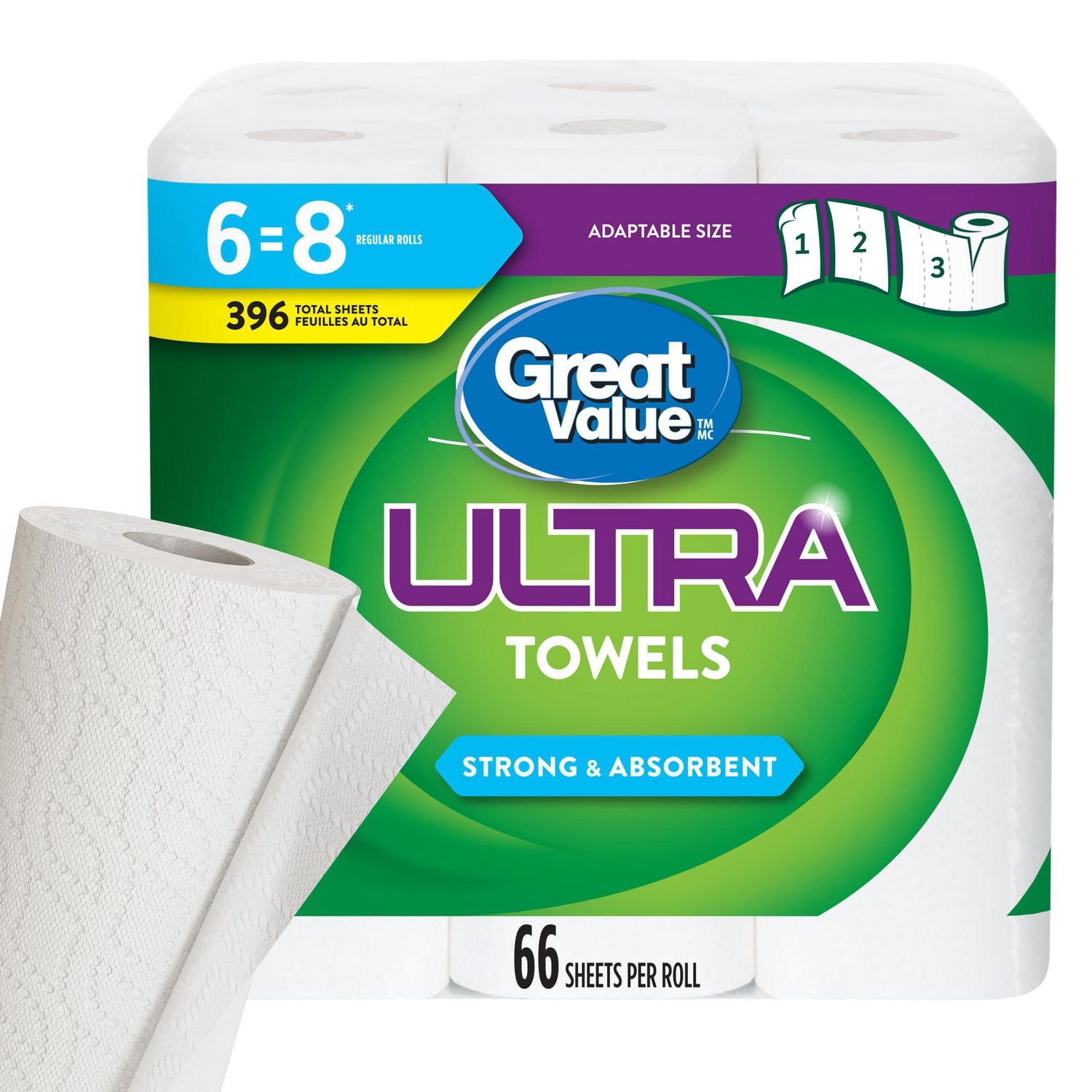 Great Value Ultra Essuie-tout, 6 équivalant à 8 rouleaux