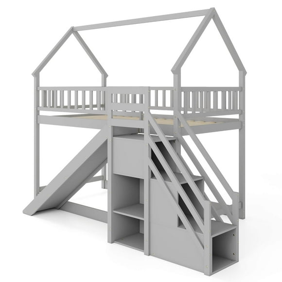 Costway Twin Over Twin Bunk Bed with Slide & Staircase with Storage Compartments Gray