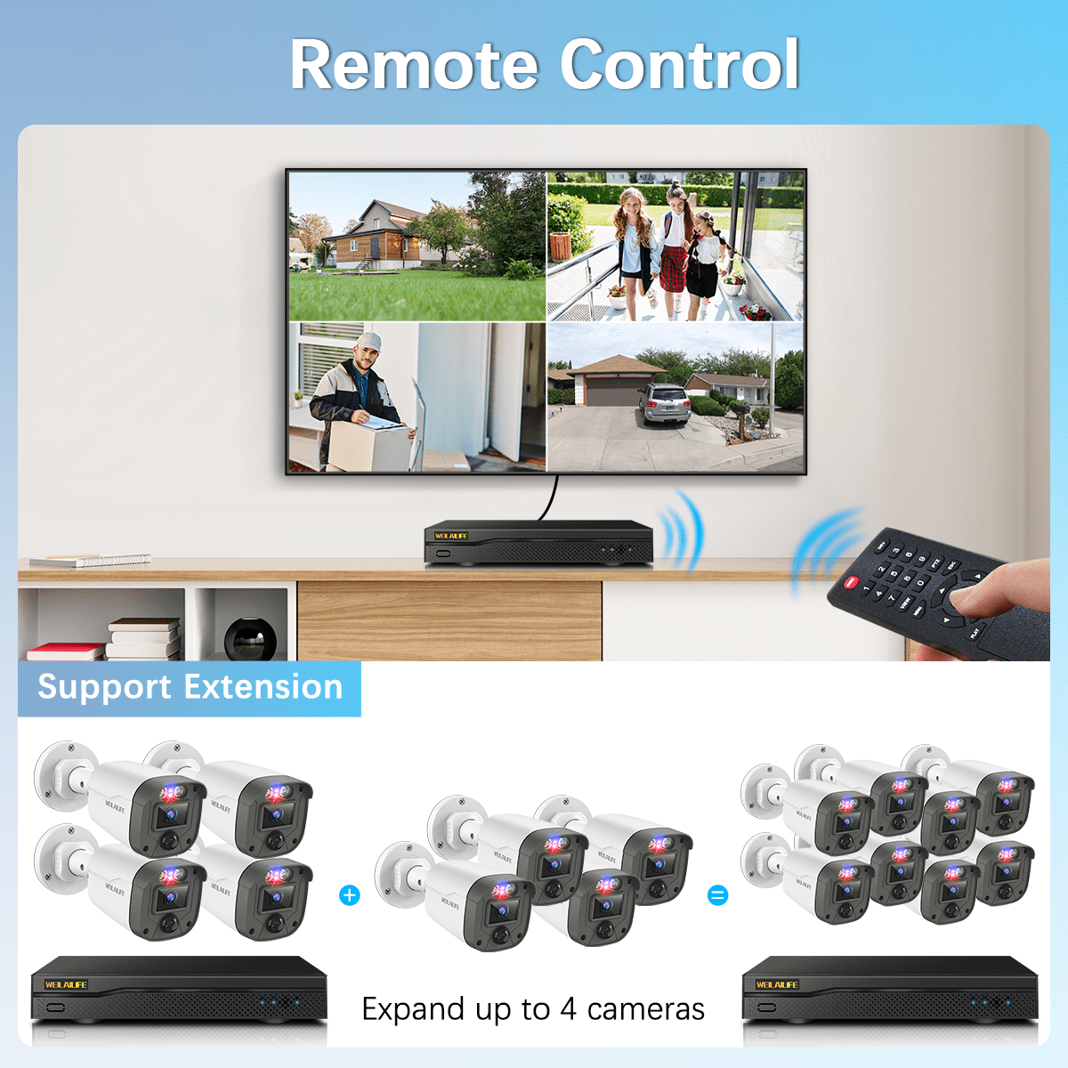 WEILAILIFE 5MP Wired Security Camera System with Red & Blue Warning Lights, 4CH DVR 500GB HDD