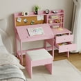 thumbnail image 4 of Ensemble Bureau et Chaise Inclinés pour Enfants avec Plateau en Liège et Tiroirs de Rangement, Table d'Étude en Bois Réglable avec Étagères pour 3 à 8 Ans, Blanc Bleu Rose, 4 of 7