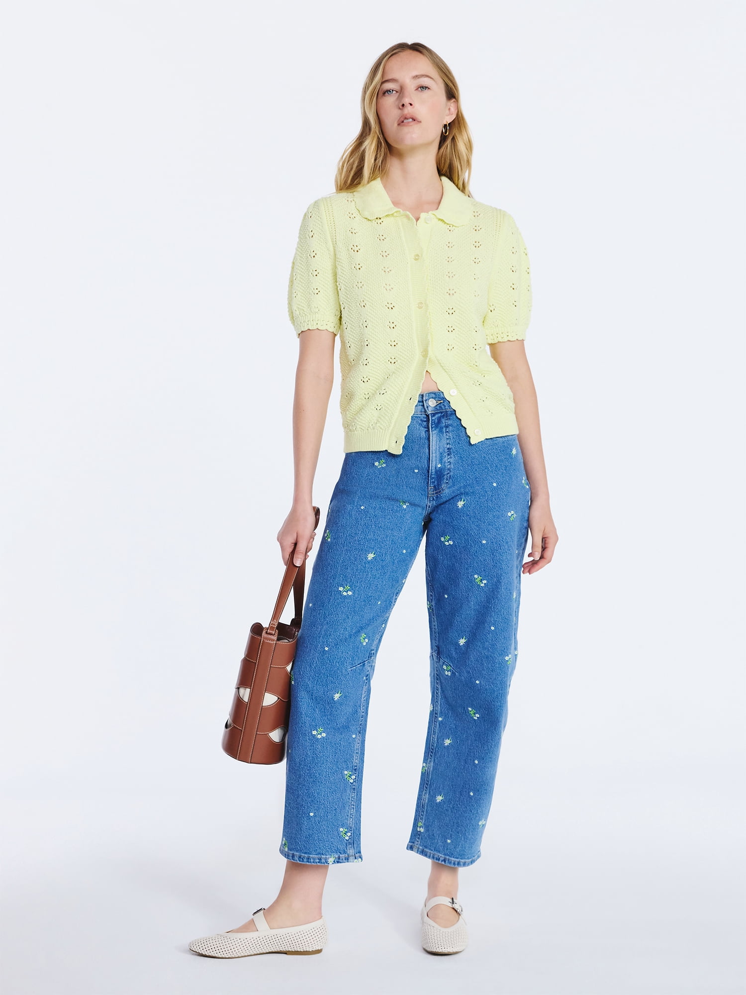 Free Assembly Women's and Women's Plus Cotton Pointelle Cardigan Sweater with Short Sleeves, Lightweight, Sizes XS-4X