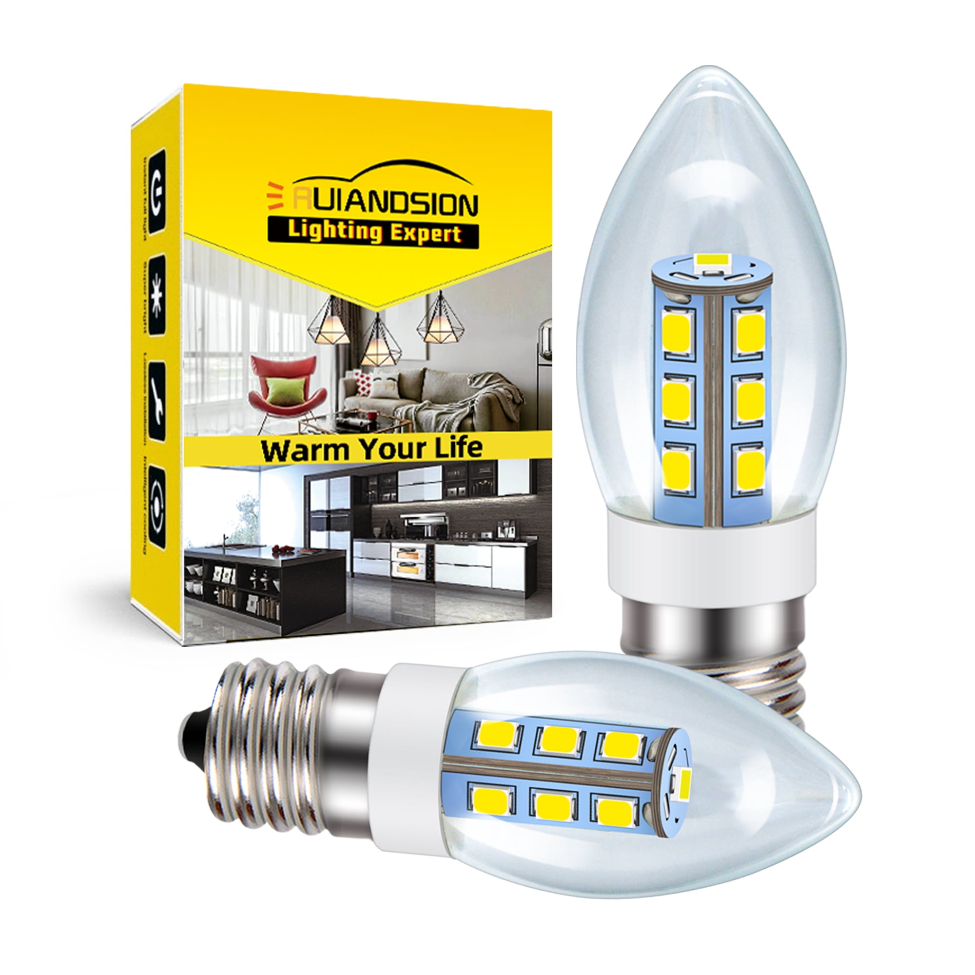 Ruiandsion E17 Candle LED Bulb, 2W 400LM 6000K Daylight White, 110-130V, for Vanity Nightstand Desk Lamp, 2-Pack