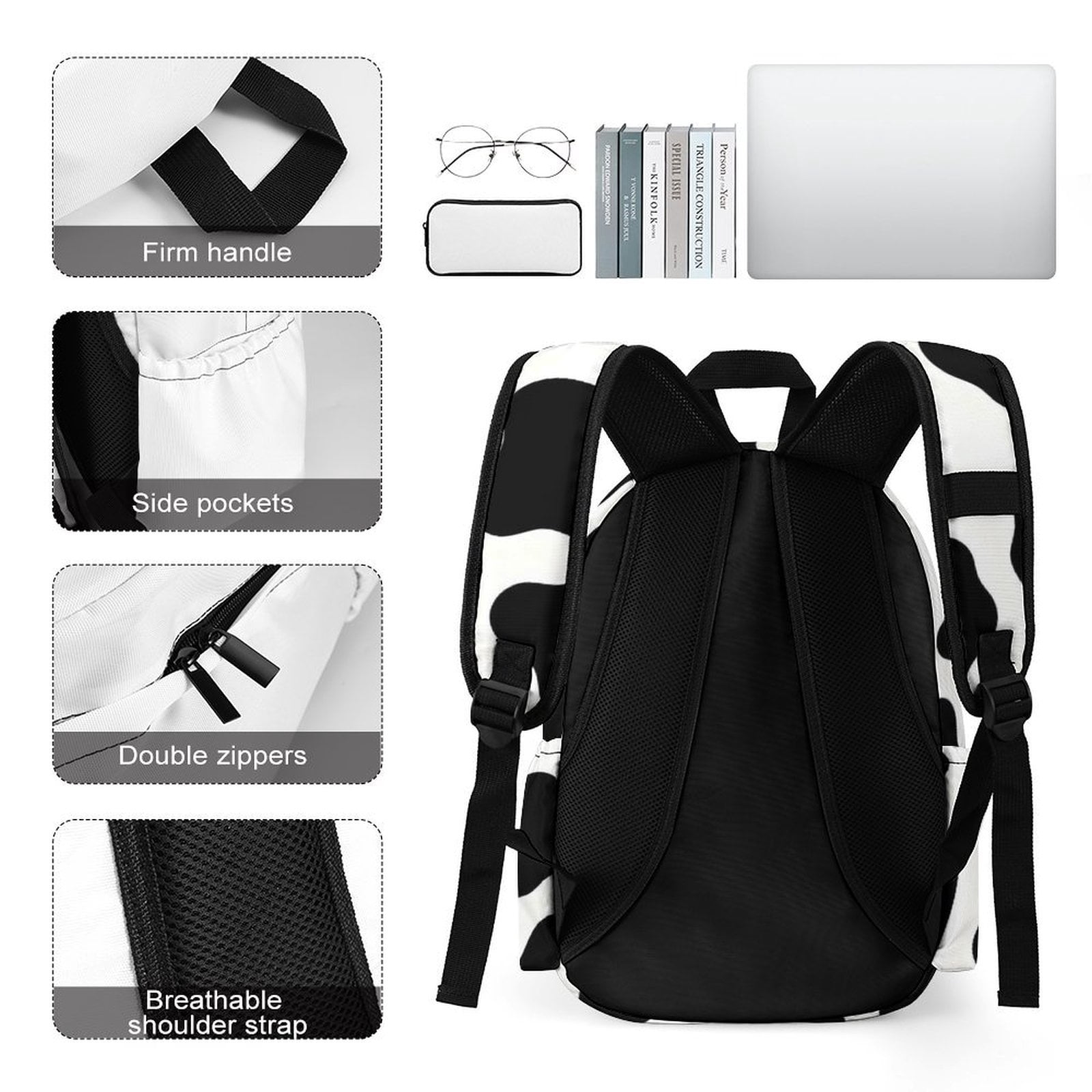 Large Capacity Half Print Backpack 11.8×16.5×5.9in Multifunctional Zipper Design Convenient Switch Simple Cow Print Pattern, Vector Art Style_4
