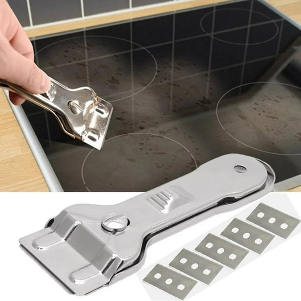 Xiao Hua Raspador de vidrio con 5 cuchillas de repuesto, apto para estufas y hornos, raspador de acero inoxidable para estufas de cerámica, raspador de limpieza
