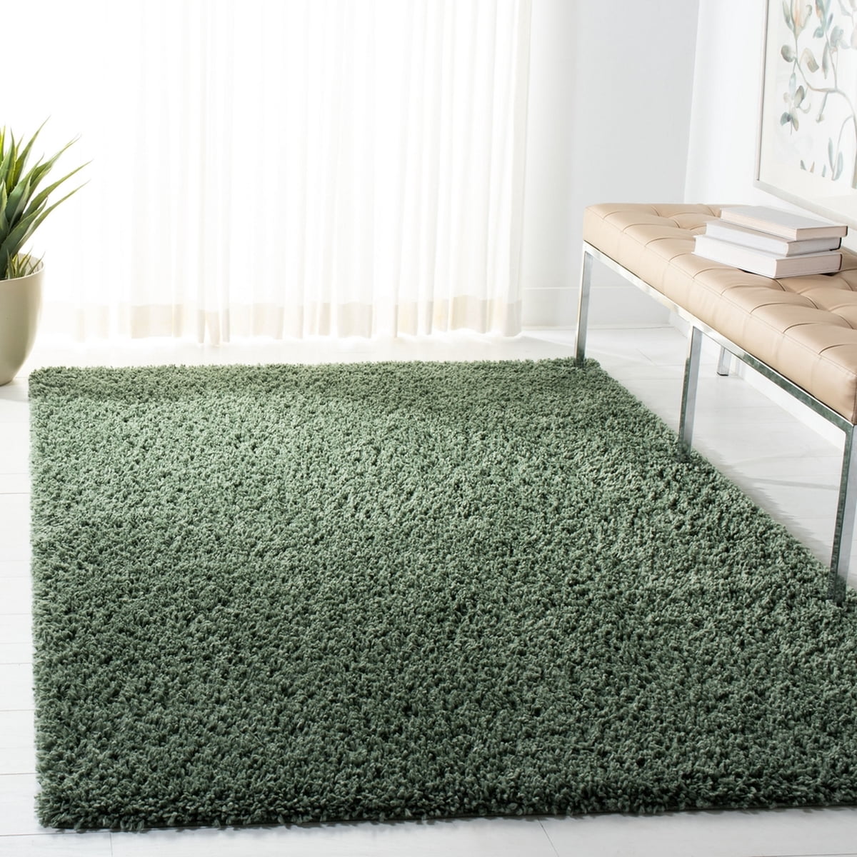 SAFAVIEH August Sophia Solid Plush Shag Area Rug, Green, 9' x 12'
