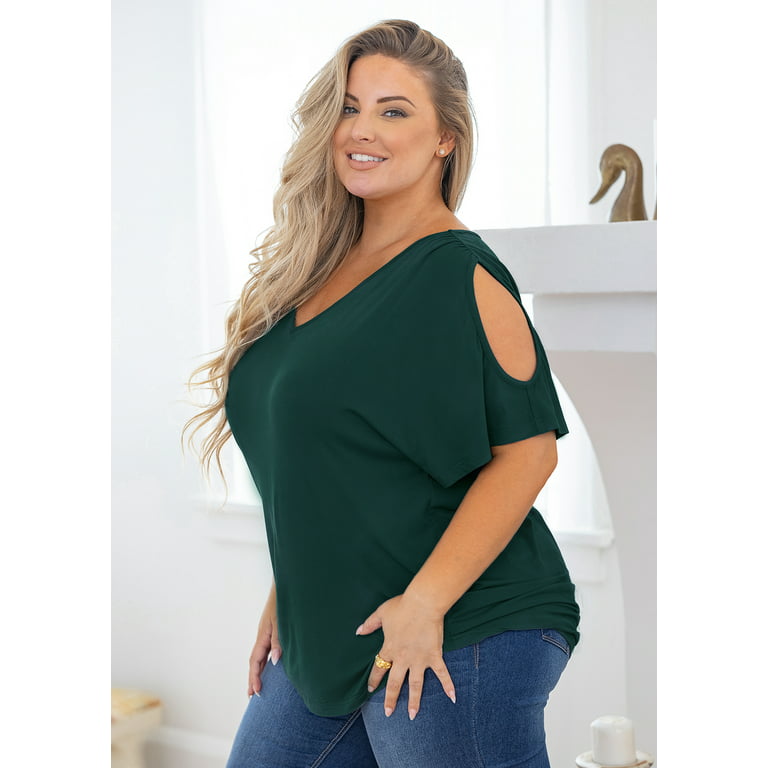 SHOWMALL Plus Size Tunic for Women Cold Shoulder Top Dark Green 4X Blouse  Short Sleeve Clothing V Neck Shirts Summer Clothes