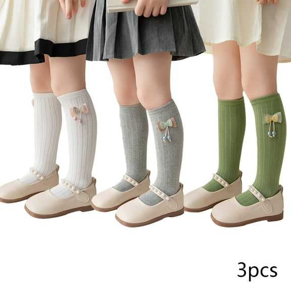 LYMAYTER Kids Girls Cotton Knee High Socks 3 Pairs Toddler Soft Mid-Calf Sock Fall Bowknot Stacked Socks for 3-12 Years