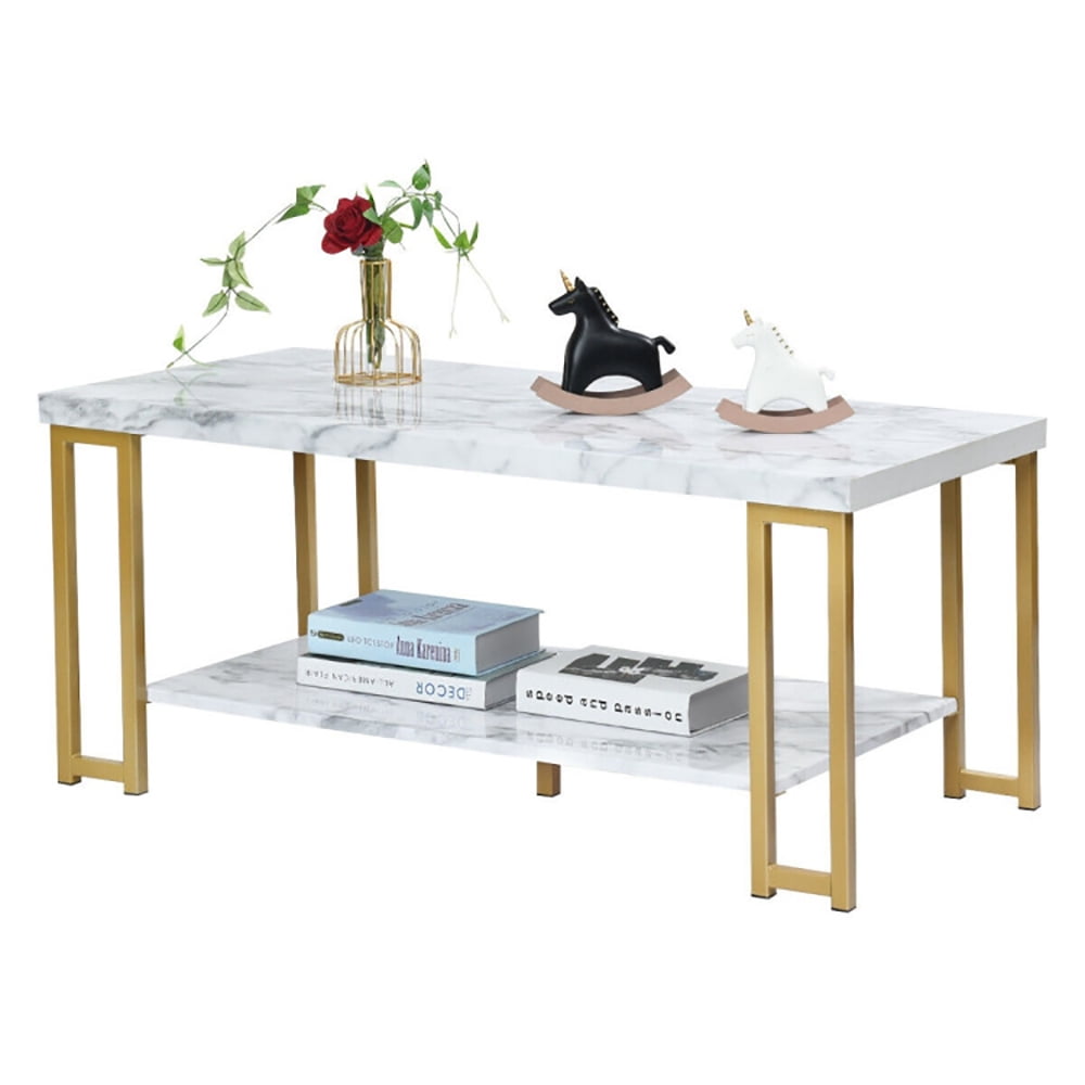 Finihen Wooden Coffee Table, Rectangular Coffee Table, 2-Tier Rectangular Modern Coffee Table with Gold Print Metal Frame, for Living Room, Reception Room, Office, White