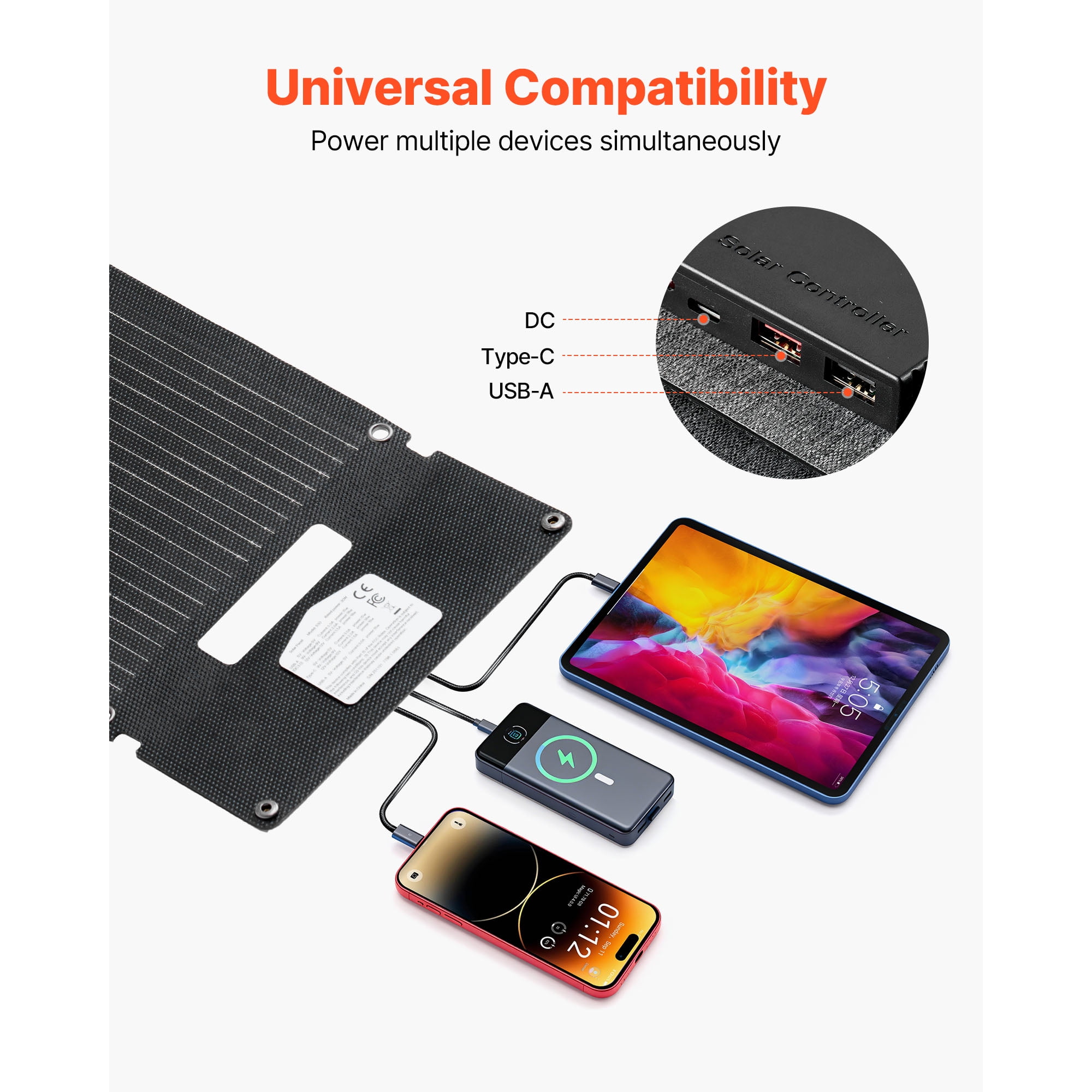 KFFKFF 30W Foldable Solar Panel Charger, High-Efficiency N-Type Monocrystalline Design, Lightweight and Portable with USB-A, QC3.0, and Type-C Ports for Outdoor Activities and Device Charging