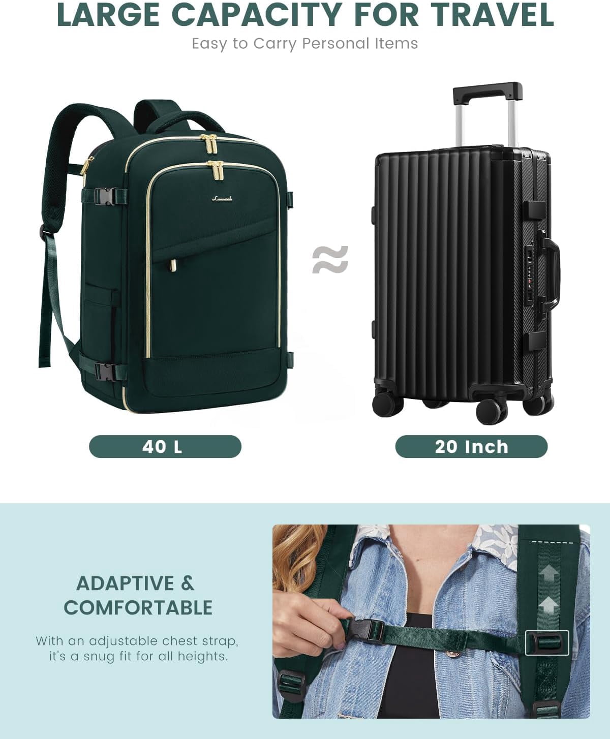 Lovevook Travel Backpack,40L Carry On Luggage Backpack Flight Approved, Large Waterproof Personal Item Bag Hiking Outdoor Weekend Overnighter Bag for Men Women