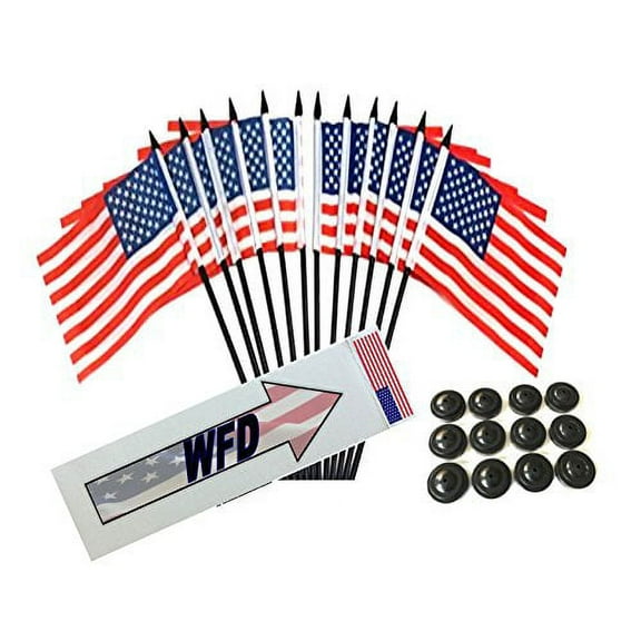 BOX of 12 United States 4"x6" Miniature Desk & Table Flags With 12 Flag Stands, 4x6 United States Small Mini Stick Flags