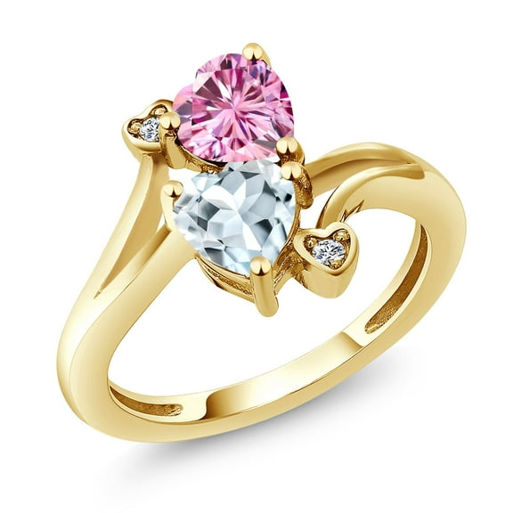Gem Stone King 18K Yellow Gold Plated Silver Pink Moissanite Sky Blue Aquamarine and White Lab Grown Diamond Ring for Women (1.56 Cttw, Heart Shape 6MM, Gemstone Birthstone, Size 5)