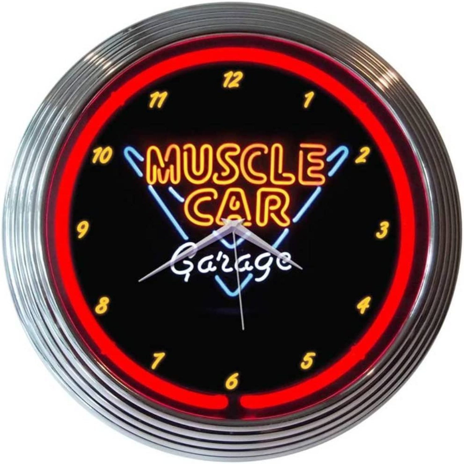 Bilot Muscle Car Garage Neon Wall Clock, 15 Inch, Chrome rim with a single ring of red neon By Bilot Muscle Car Garage Neon Wall Clock, 15 Inch, Chrome rim with a single ring of red neon By d